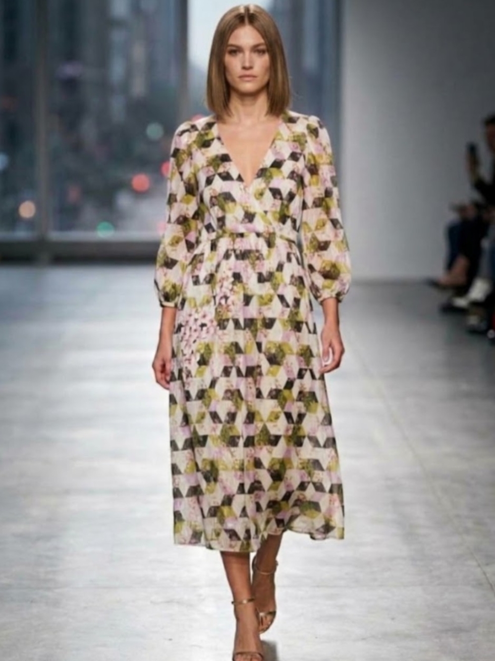 J. Crew Pink, Green & Black Geometric V-Neck Midi Dress